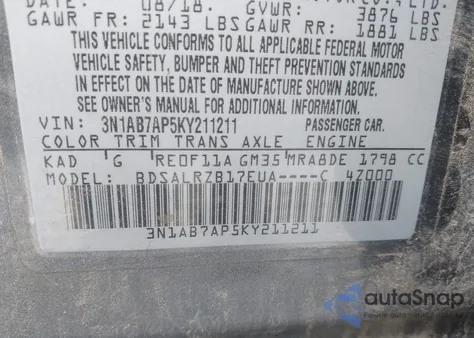 2019 Nissan Sentra Sr z USA, uszkodzony, nr VIN 3N1AB7AP5KY211211